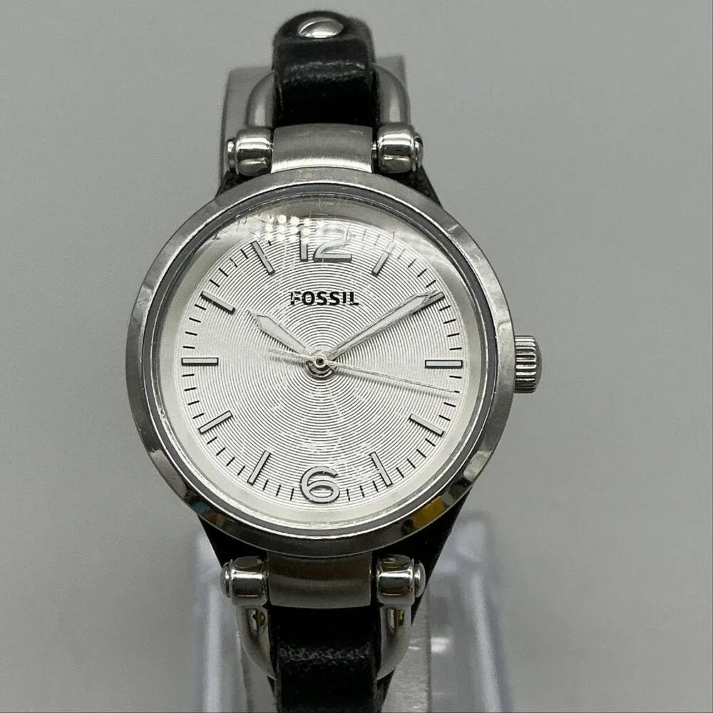 Fossil ES3263 Womens Watch 26mm Silver Dial Black Leather Dress 50M New Battery